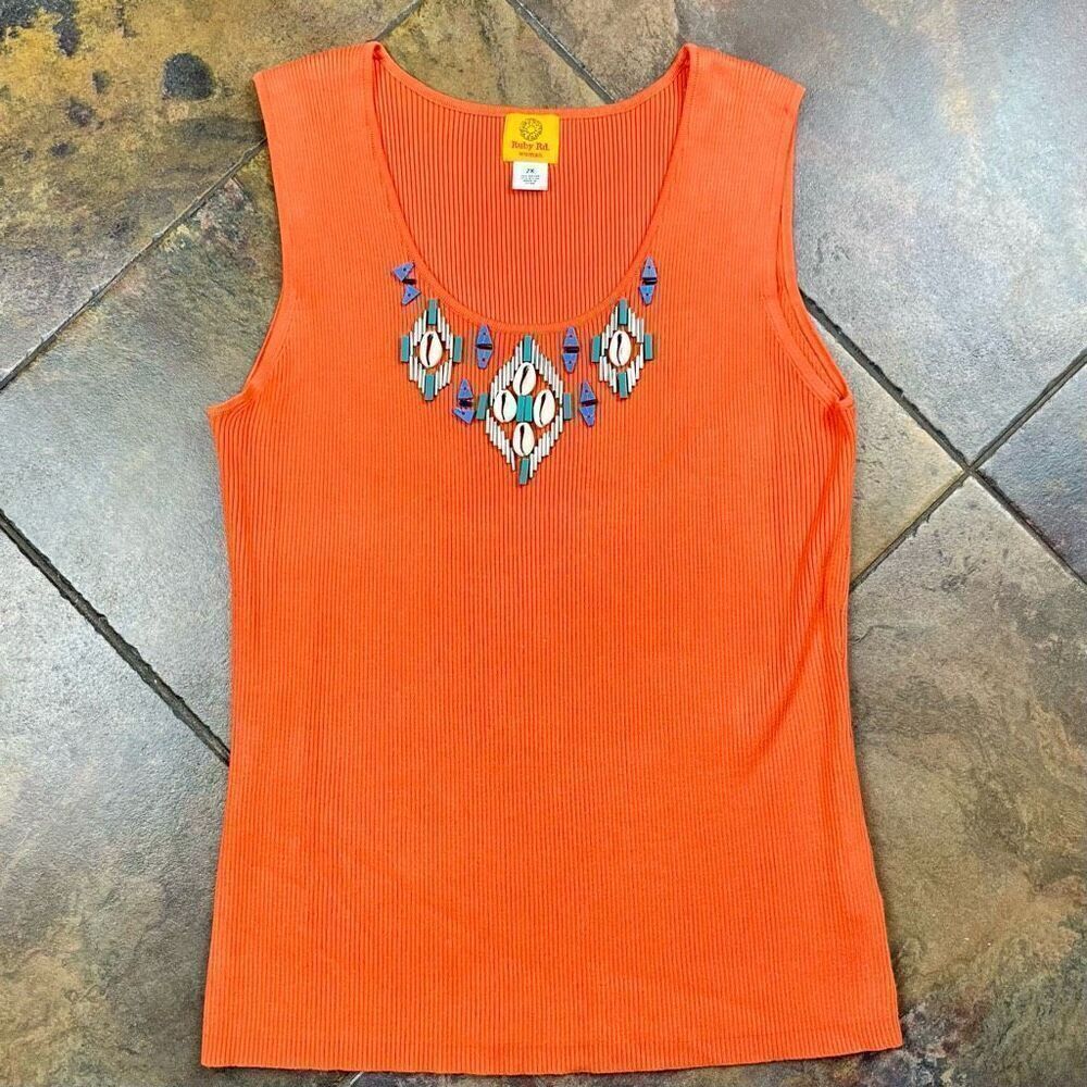 Ruby Rd. Women Orange Ribbed Beaded Tank Top 2X - Picture 4 of 11
